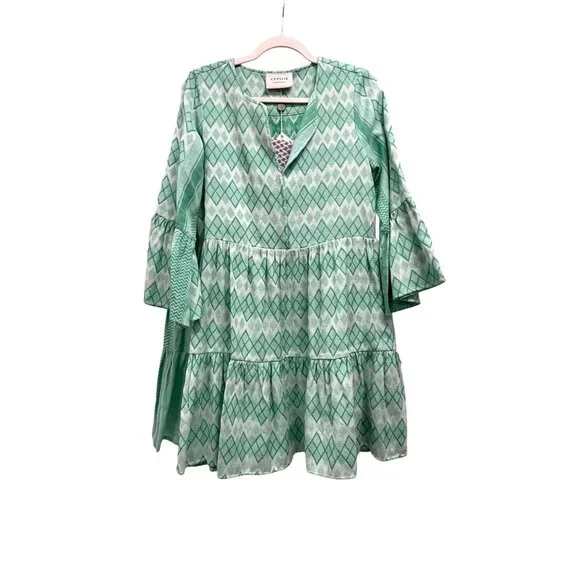Cecilie Copenhagen $325 Julia Green Diamond Bell Sleeve Shift Mini Dress Small N Cecilie Copenhagen $325 Julia Green Diamond Bell Sleeve Shift Mini Dress Small N